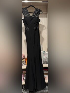 Betsy & Adam Black Maxi Gown with Sheer Striped Yoke